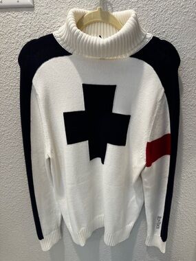 Alp N Rock White Turtleneck Sweater with Black Cross and Red Sleeve Stripe